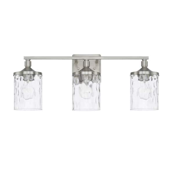 HOMEPLACE LIGHTING 24 in. W x 10 in. H x 7 in. E 3-Light Clear Water Glass Vanity Light in Brushed Nickel