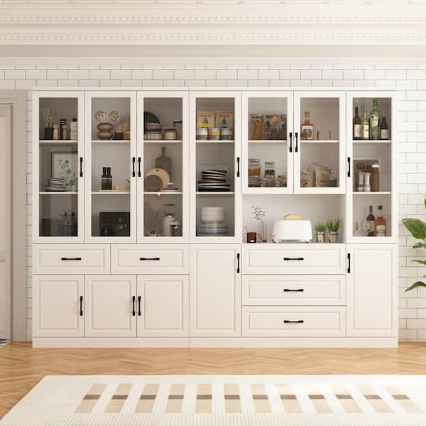 FUFU&GAGA White Wood 110.2 in. W Buffet Combination Kitchen Cabinet W/Hutch, Glass Doors, Shelves (15.7 in. D x 78.7 in. H)