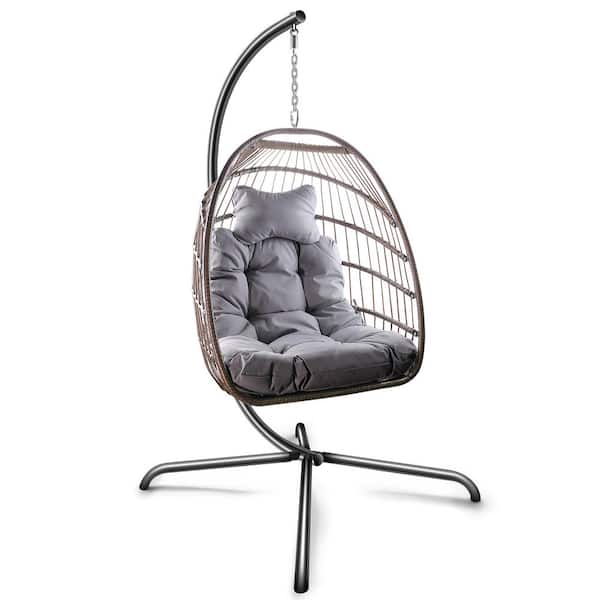 Unbranded Outdoor Indoor Brown Wicker Swing C Type Bracket Egg Chair with Beige Cushion