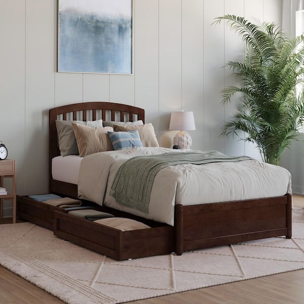 Lucia Walnut Brown Solid Wood Frame Twin XL Platform Bed with Panel Footboard and Storage Drawers
