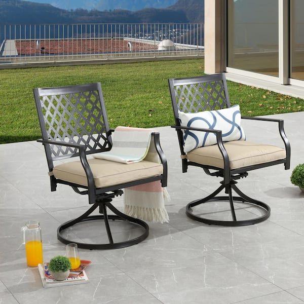 TOP HOME SPACE Metal Outdoor Swivel Dining Chairs Set Khaki Cushion (2-Piece)