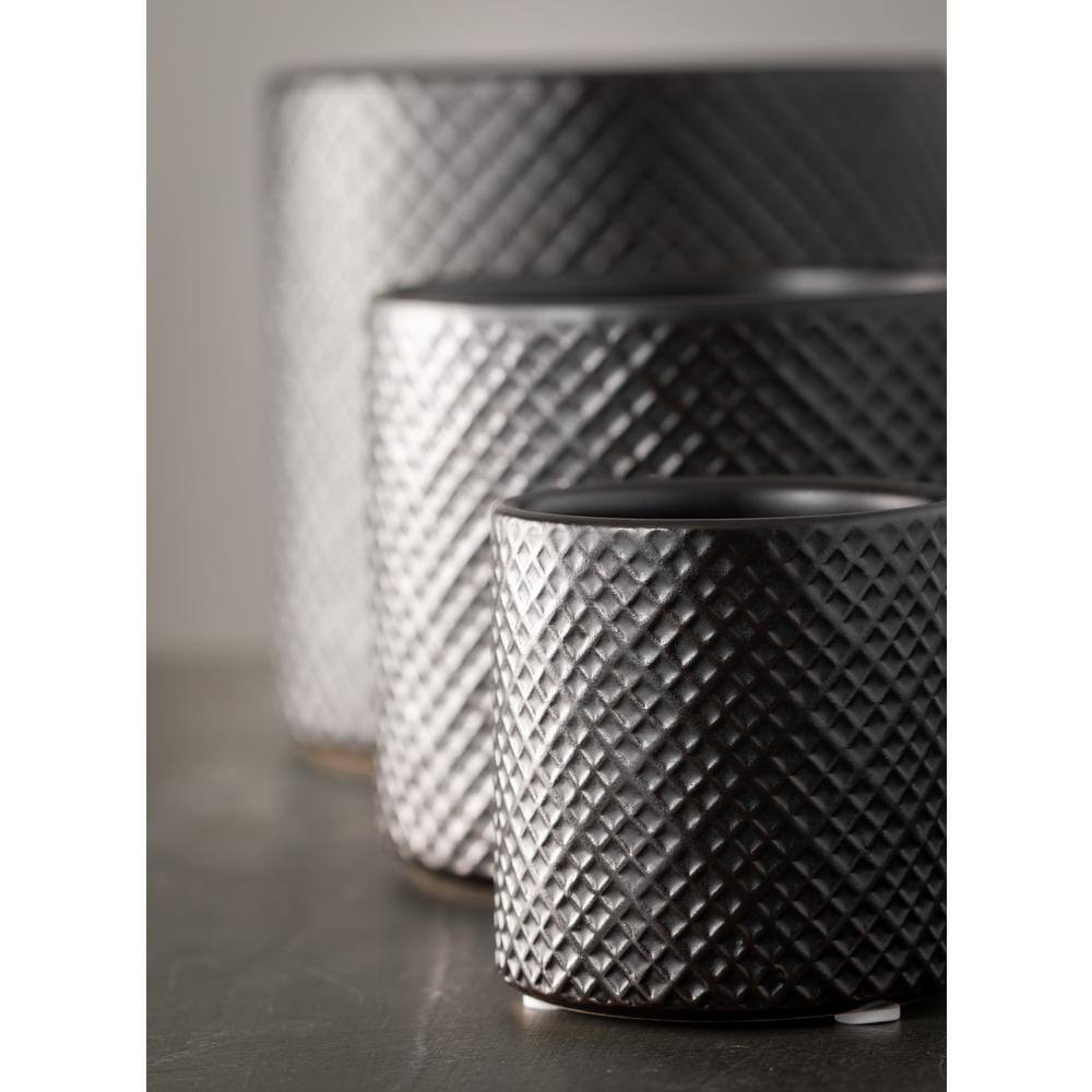 Sleek Modern Black Ceramic Pot Trio, 3"-5.75"H Patterned Exterior