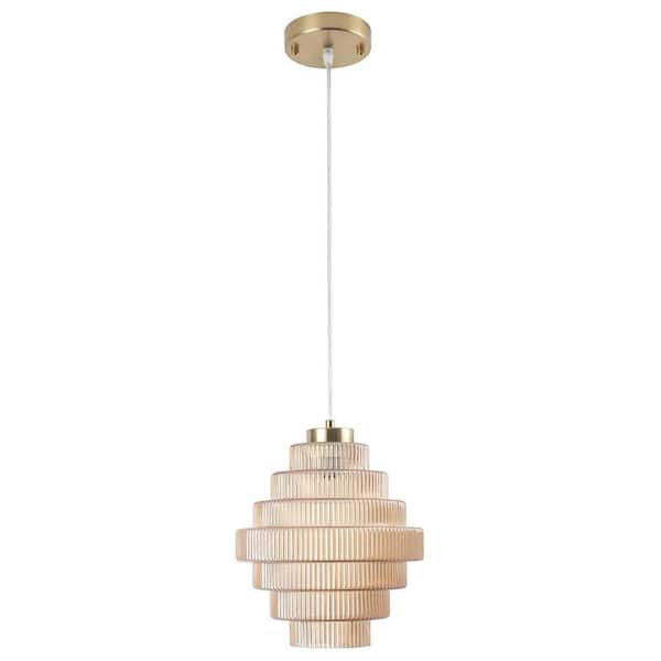 1-Light Brass and Amber Simple Vintage Pendant Light with Glass Shade