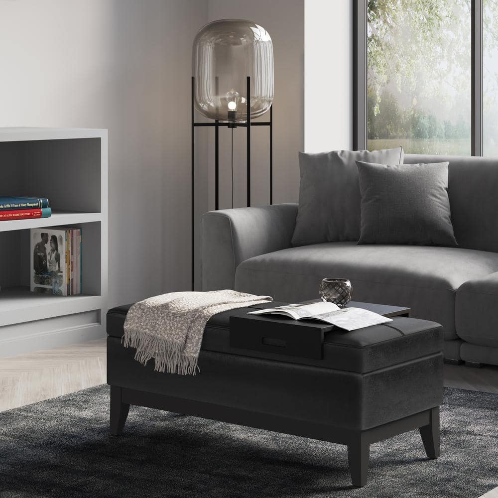 Distressed Black Tufted Footstool Ottoman with Sturdy Tray