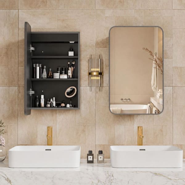 24 in. W x 36 in. H Recessed Rectangular Metal Framed Bathroom Medicine Cabinets with Mirror in Gunmetal Gray