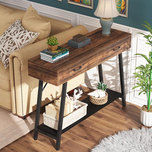 Tribesigns Catalin 43 3 In Vintage Brown Wood Console Table With Drawers Industrial Sofa Tables Narrow Long Behind Couch Ct Jw0178 The Home Depot Vintage Brown Wood Console Table, Console Table With Stools Behind Couch