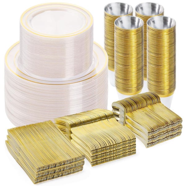 600Pces Clear Gold Dinnerware Set, Plastic Plates for Party, Christmas New Year w Plates, Cups, Forks, Knives, Spoons