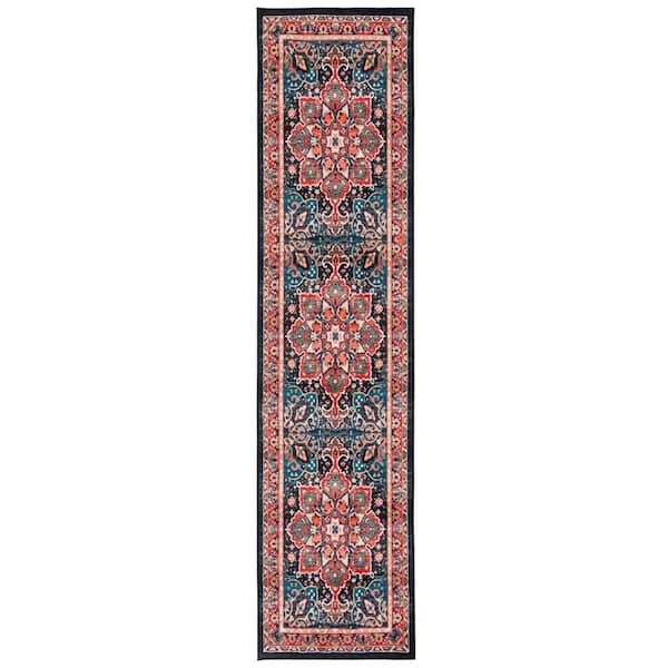 SAFAVIEH Riviera Red/Navy 2 ft. x 9 ft. Machine Washable Medallion Border Runner Rug