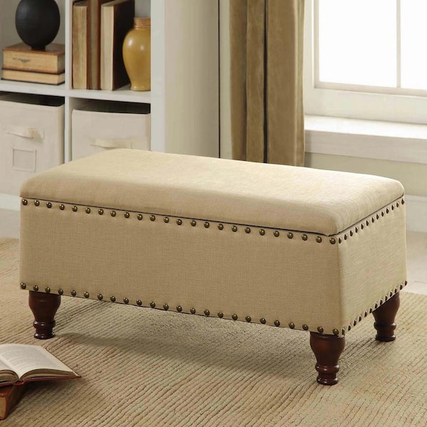 Homepop Tan Rectangle 35.5 in. Bedroom Bench Without Back with Nailhead Trim and Storage