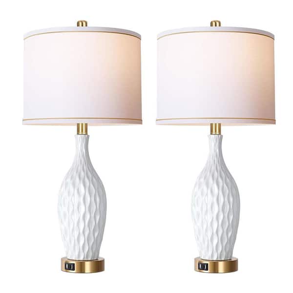 Rottogoon 27 in. White Table Lamp with USB Ports, Set of 2, 3-Way Dimmable Touch Control lamp with Linen Shade (LED Bulb Included)