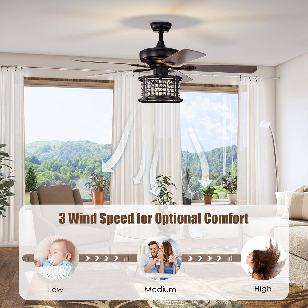 52'' Black Crystal Chandelier Ceiling Fan with Remote Control