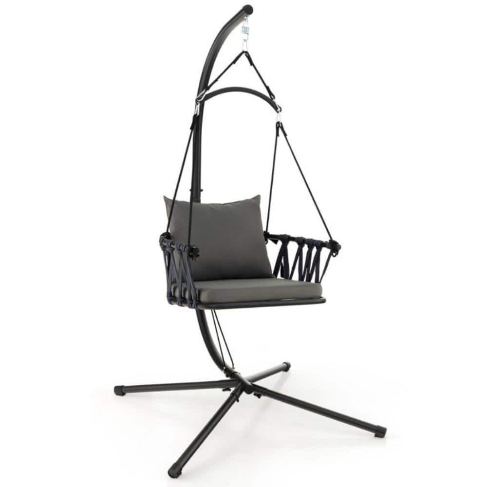 1-Person Metal Patio Swing with Stand and Gray Cushion