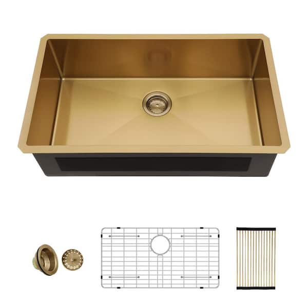 32 in. Gold Undermount Sink Single Bowl 16 Gauge Stainless Steel Kitchen Sink with Bottom Grid