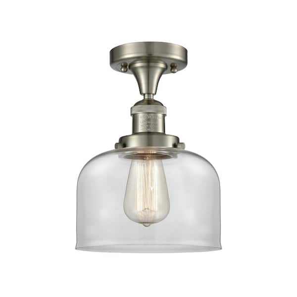 Innovations Bell 8 in. 1-Light Brushed Satin Nickel Semi-Flush Mount with Clear Glass Shade