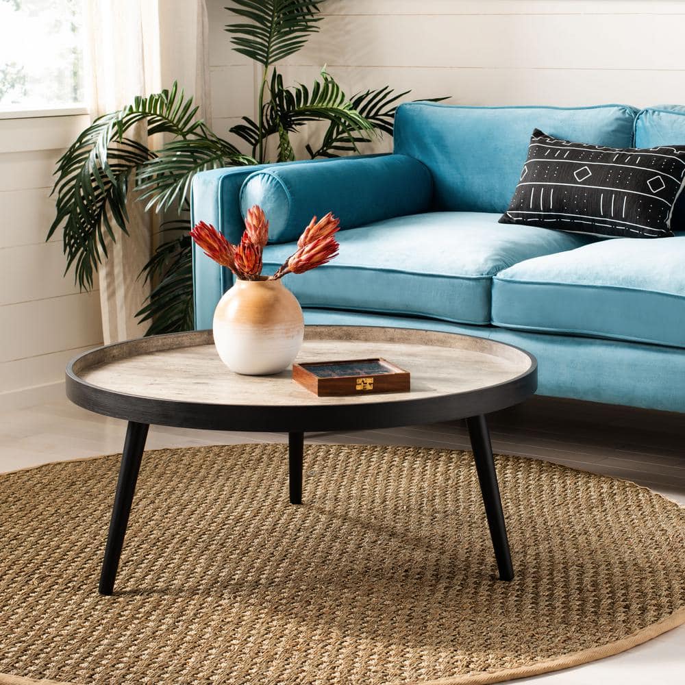 Luxurious 35" Light Grey Round Wood Coffee Table with Tray Top