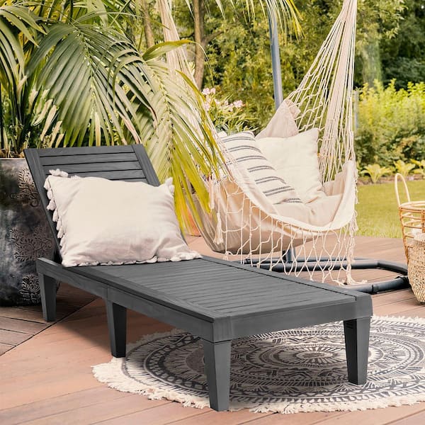 Black 2-Piece Plastic Patio Chaise Lounge Recliner Adjustable