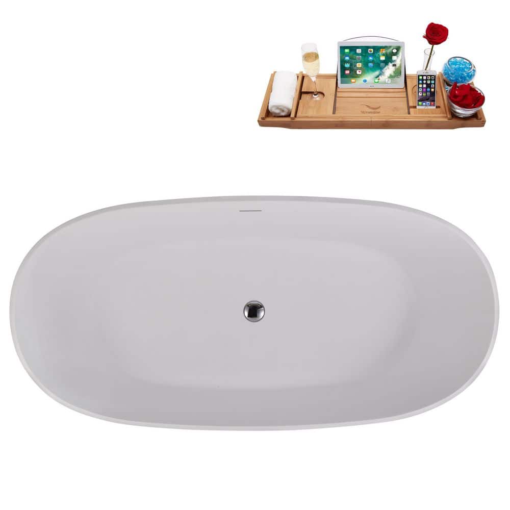 67" Matte White Stone Resin Freestanding Soaking Tub with Chrome Drain