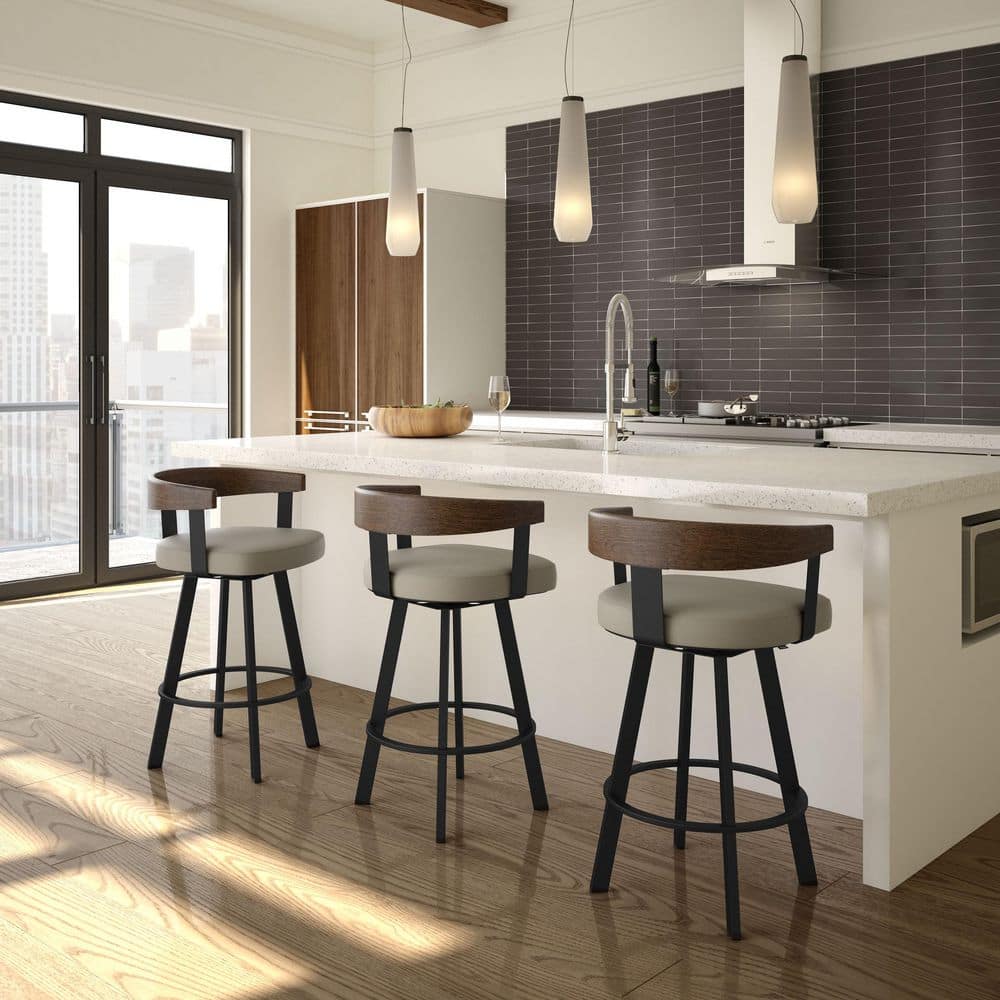 Greige Faux Leather Swivel Barstool with Black Metal and Brown Wood