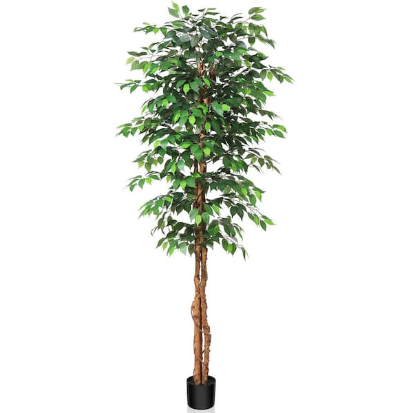 DR.Planzen 7 ft. Artificial Ficus Tree With Natural Wood Trunk in Pot, Fake Tropical Ficus Plants Indoor Decor