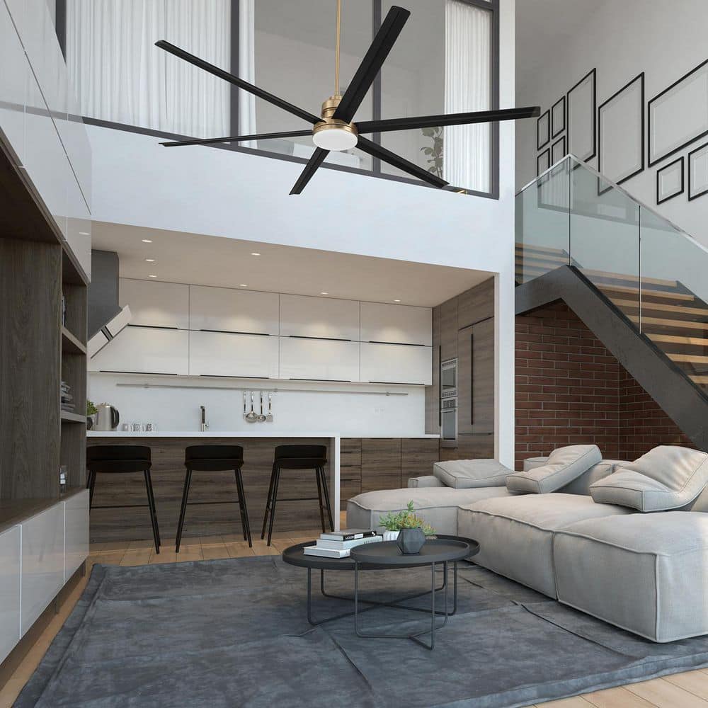 80 in. Satin Brass Finish w/ Flat Black Blades Angled Mount Standard Ceiling Fan w/ CCT Integrated LED & Remote Included price history on PriceWatchPro