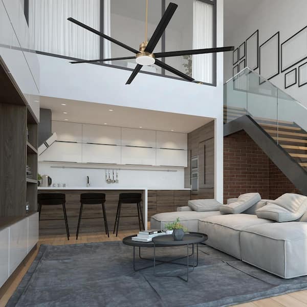 80 in. Satin Brass Finish w/ Flat Black Blades Angled Mount Standard Ceiling Fan w/ CCT Integrated LED & Remote Included