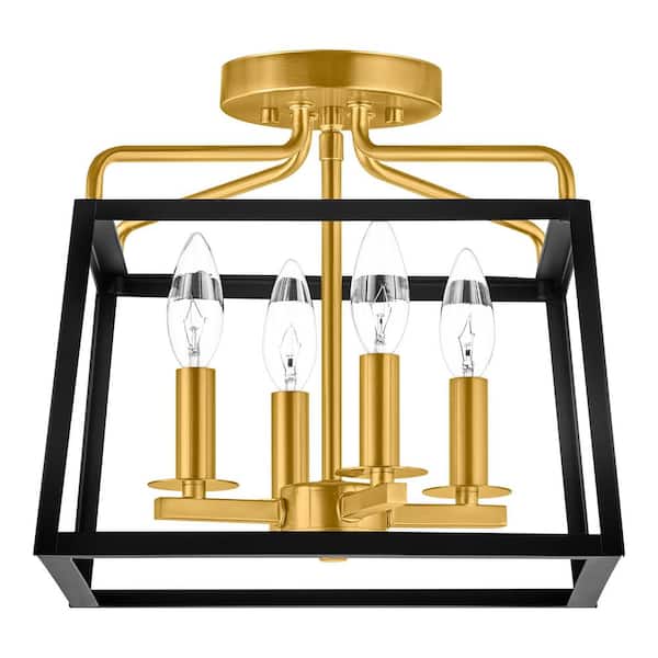 Hampton Bay Parley 12 in. 4-Light Matte Black and Gold Cage Semi- Flush Mount
