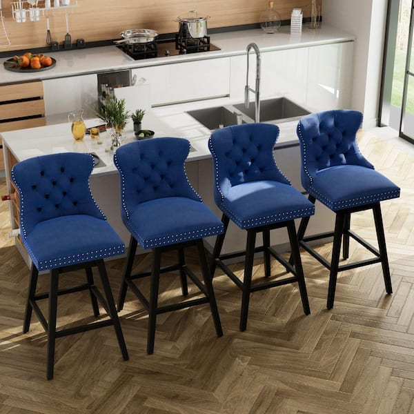 30 in. Blue Velvet Upholstered Solid Wood Frame Bar Height Swivel Bar Stool (Set of 4)