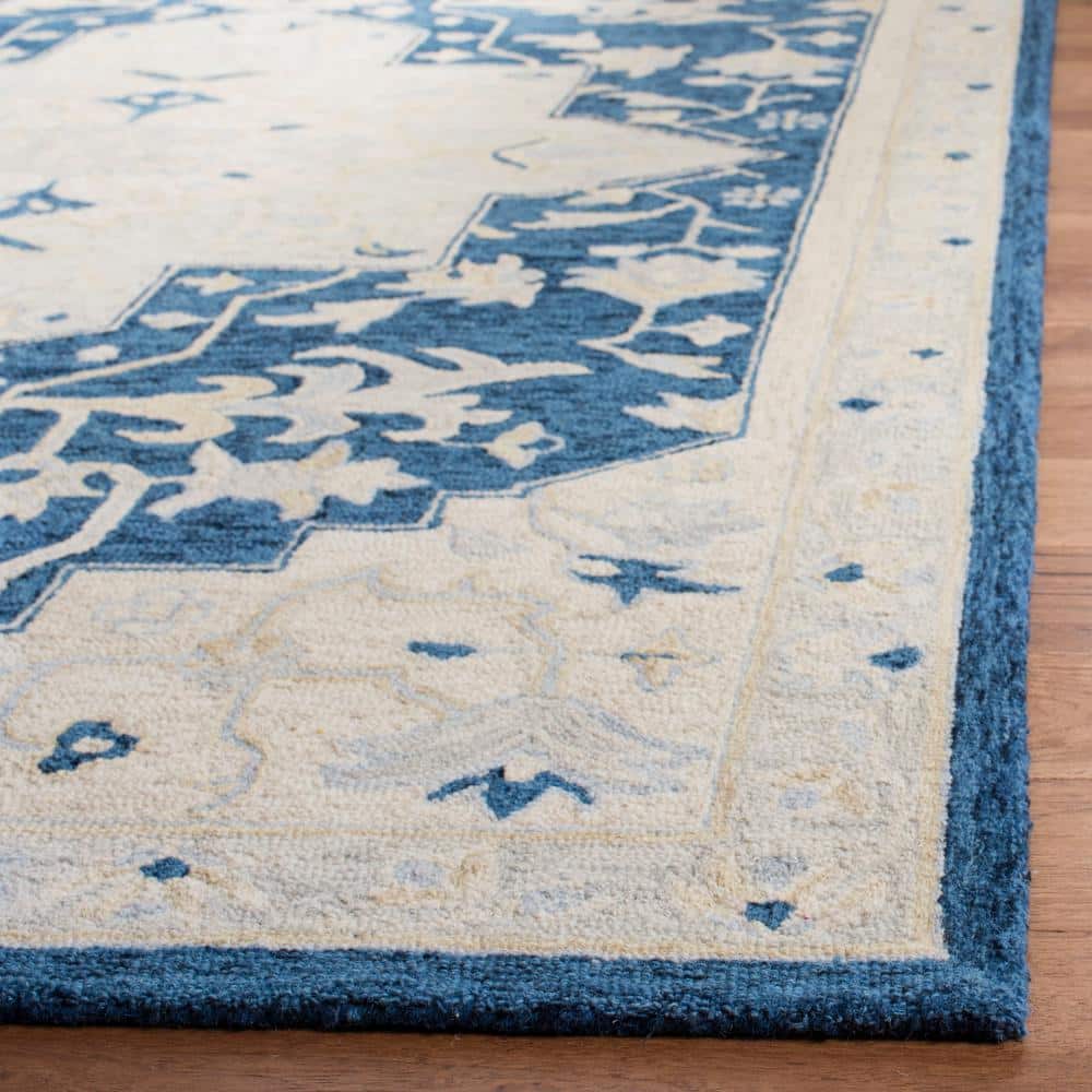 Navy and Ivory Tufted Handmade Wool 8' x 10' Area Rug