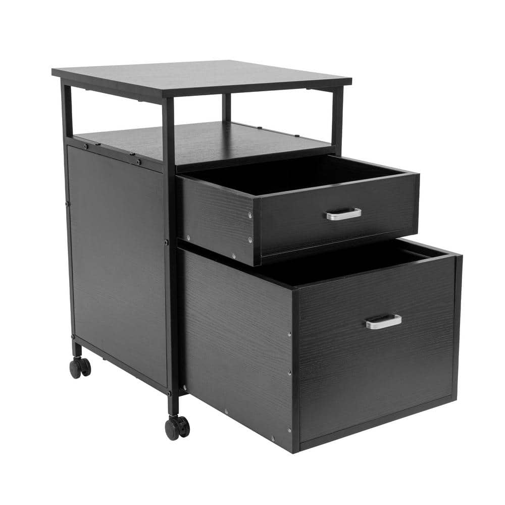 Black Mobile 2-Drawer Lockable File Pedestal with Open Shelf