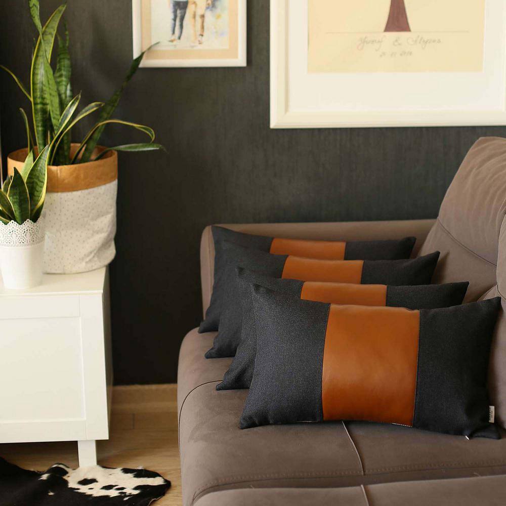 Black and Brown Vegan Faux Leather Lumbar Pillow Covers Set of 4