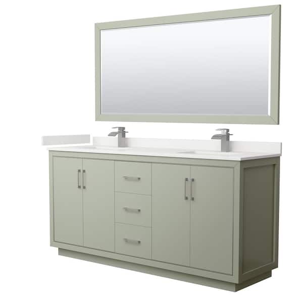 Wyndham Collection Icon 72 in. W x 22 in. D x 35 in. H Double Bath Vanity in Light Green with White Quartz Top and 70 in. Mirror