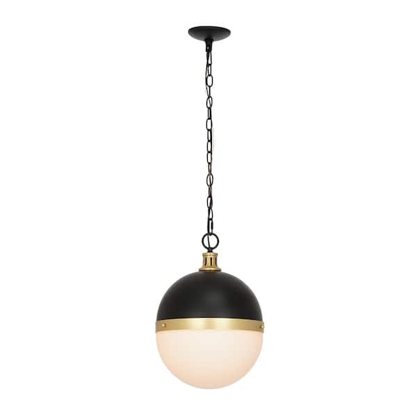 Photo 1 of 1-Light Black Mini Pendant with Gold Accents and Frosted Opal Glass Shade