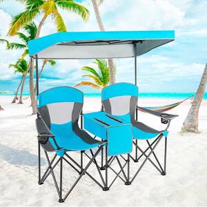 Folding 2-Person Camping Chairs Double Sunshade Chairs with Canopy Blue