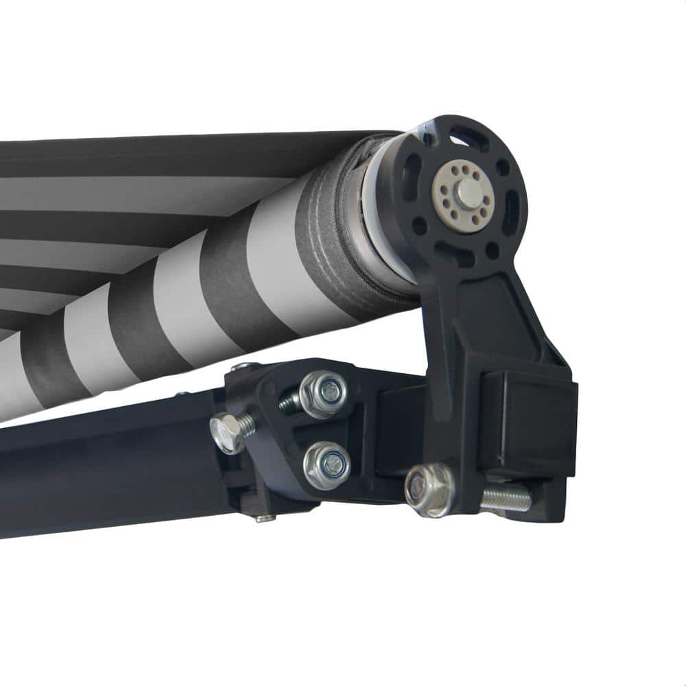 Gray and White Striped Motorized Retractable Patio Awning with Black Frame