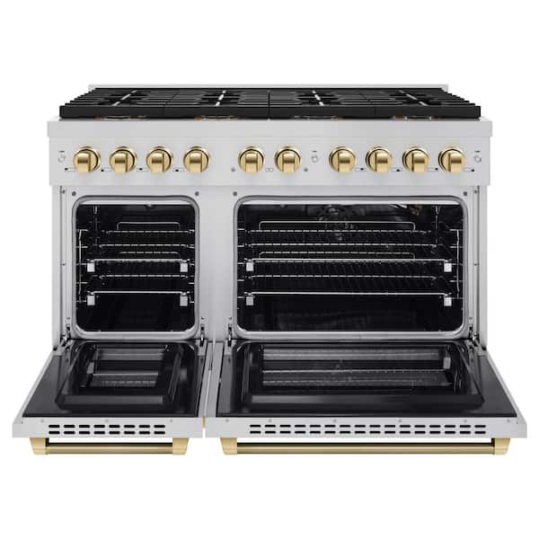 Autograph 48 in. Paramount Gas Range with 8 Burner DuoPro Cooktop and Gas Oven in Stainless Steel w/ Gold Helix Handles