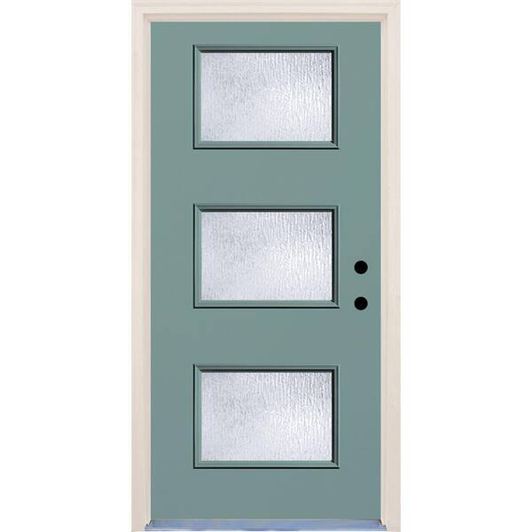 Builders Choice 36 in. x 80 in. Surf Left-Hand 3 Lite Rain Glass Painted Fiberglass Prehung Front Door with Brickmould