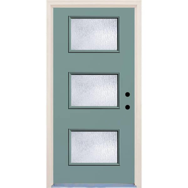 Builders Choice 36 in. x 80 in. Left-Hand Surf 3 Lite Rain Glass Painted Fiberglass Prehung Front Door with Brickmould