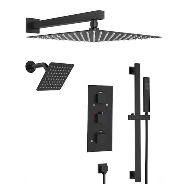 YAWWALK Thermostatic 5-Spray 12 in. and 6 in. Wall Mount Shower System with Slider Bar in Matte Black(Valve Included)