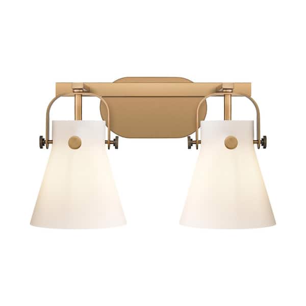 Innovations Pilaster II Cone 17 in. 2-Light Brushed Brass Vanity Light with Glass Shade