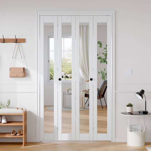 48 in. x 80 in. 1-Lite Mirrored Glass Solid Core White Finished MDF Bi-Fold Door with Hardware Kit
