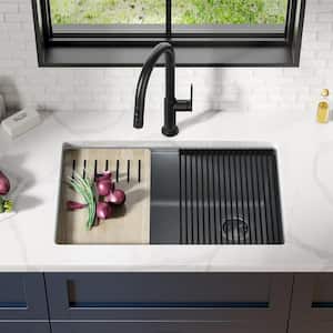 Bellucci Gray Granite Composite 30 in. Single Bowl Undermount Workstation Kitchen Sink with Accessories