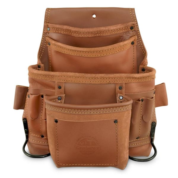 10-Pocket Nail and Tool Pouch Tan Color Industrial Grade Leather w/2 Hammer Holders