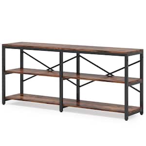 Bulgari 70.9 in. Rectangle Black Metal Brown Particle Board Wood Console Table Sofa Table with 3 Open Storage Shelves