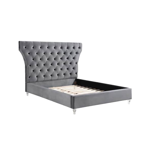 Best Master Furniture Bellagio Gray Tufted Velvet California King Platform Bed with Acrylic Legs