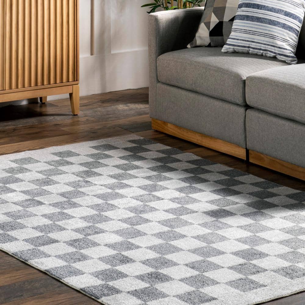 Naya Blue and White Checkered Synthetic Washable Area Rug