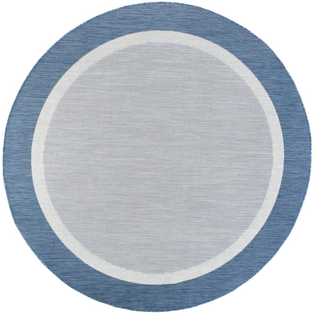 Tayse Rugs Eco Solid Border Blue 8 ft. Round Indoor/Outdoor Area Rug ...