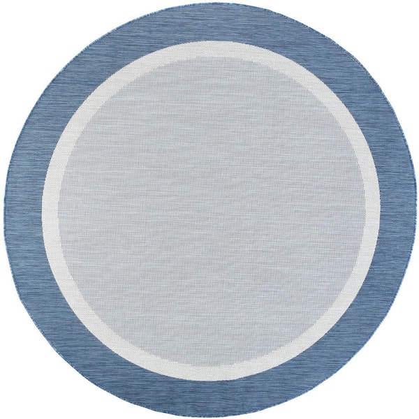 Tayse Rugs Eco Solid Border Blue 8 ft. Round Indoor/Outdoor Area Rug