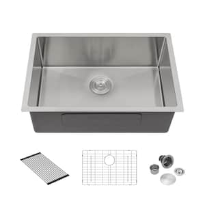 Brushed Nickel Stainless Steel 27 in. x 18 in. Single Bowl Undermount Kitchen Sink with Bottom Grid