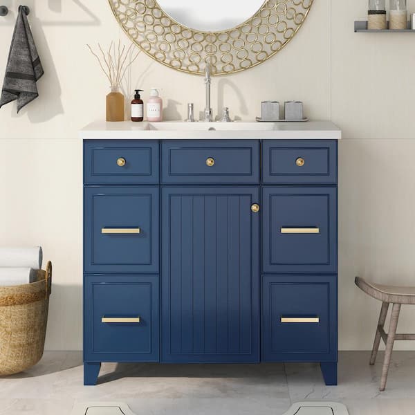 Zeus & Ruta 36 in. W x 18 in. D x 34 in. H Freestanding Bath Vanity in Blue with White Resin Single Sink and 3-Drawers