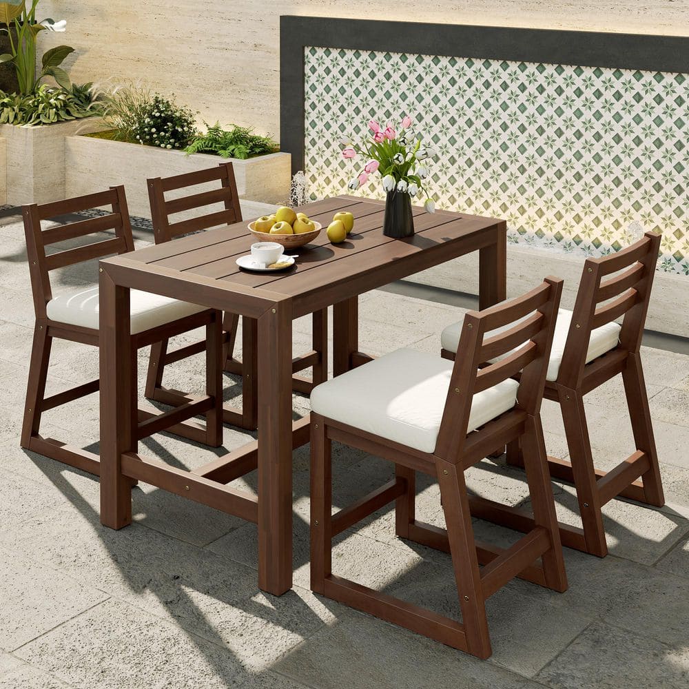 Mocha 5-Piece Rustic Patio Solid Wood Slatted Tabletop Outdoor Dining Set with 4 Ergonomic Chairs, Beige Cushions price history on PriceWatchPro